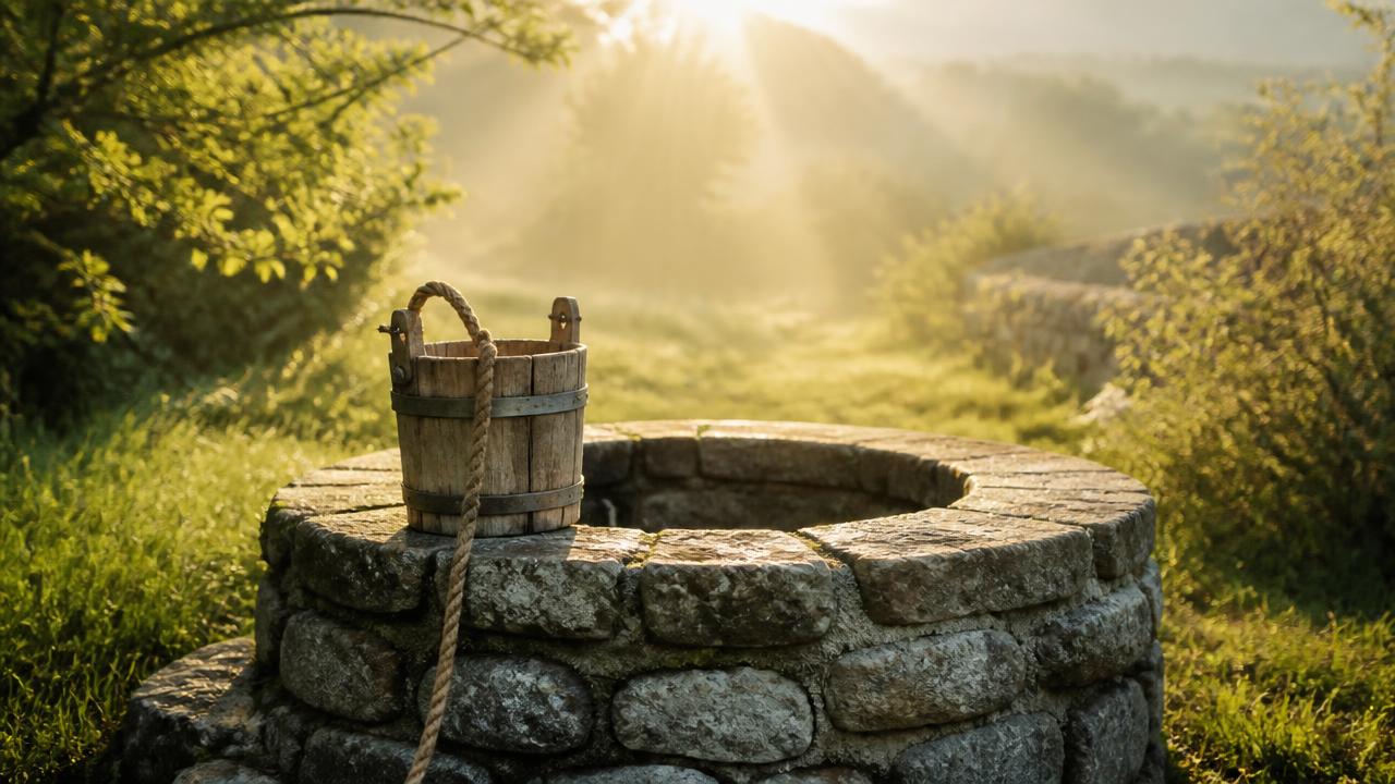 A stone well with a wooden bucket in green countryside, symbolizing drawing divine health from the living waters of Christ